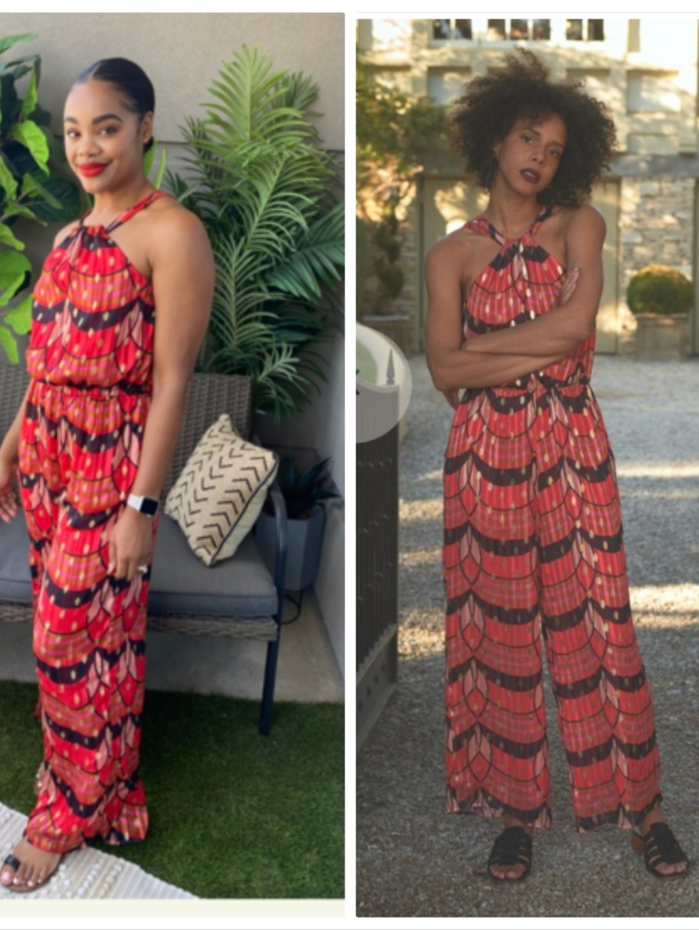 Anthropologie Red & Black Halter Jumpsuit with Geometric Print